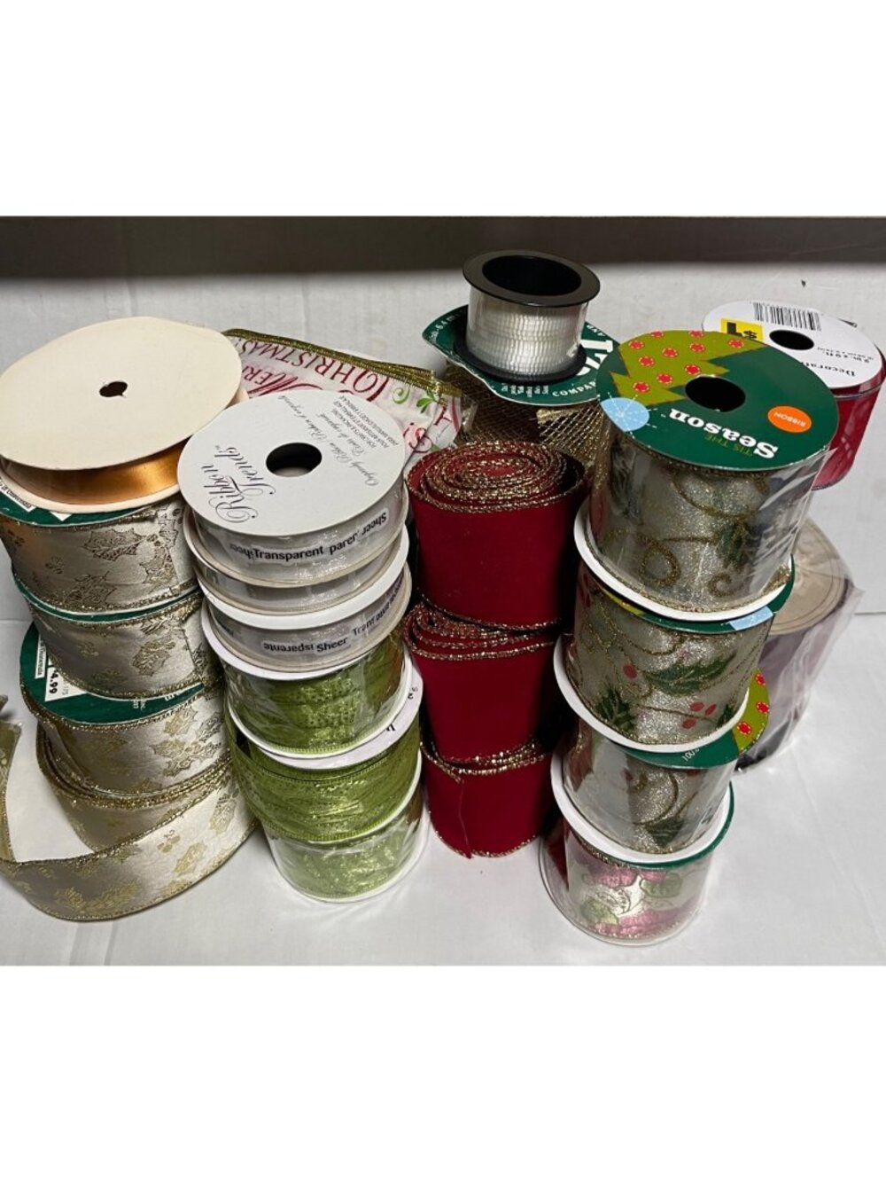Assorted Wired & Sheer Christmas Craft Ribbon Bulk Lot Red Green Gold Spools